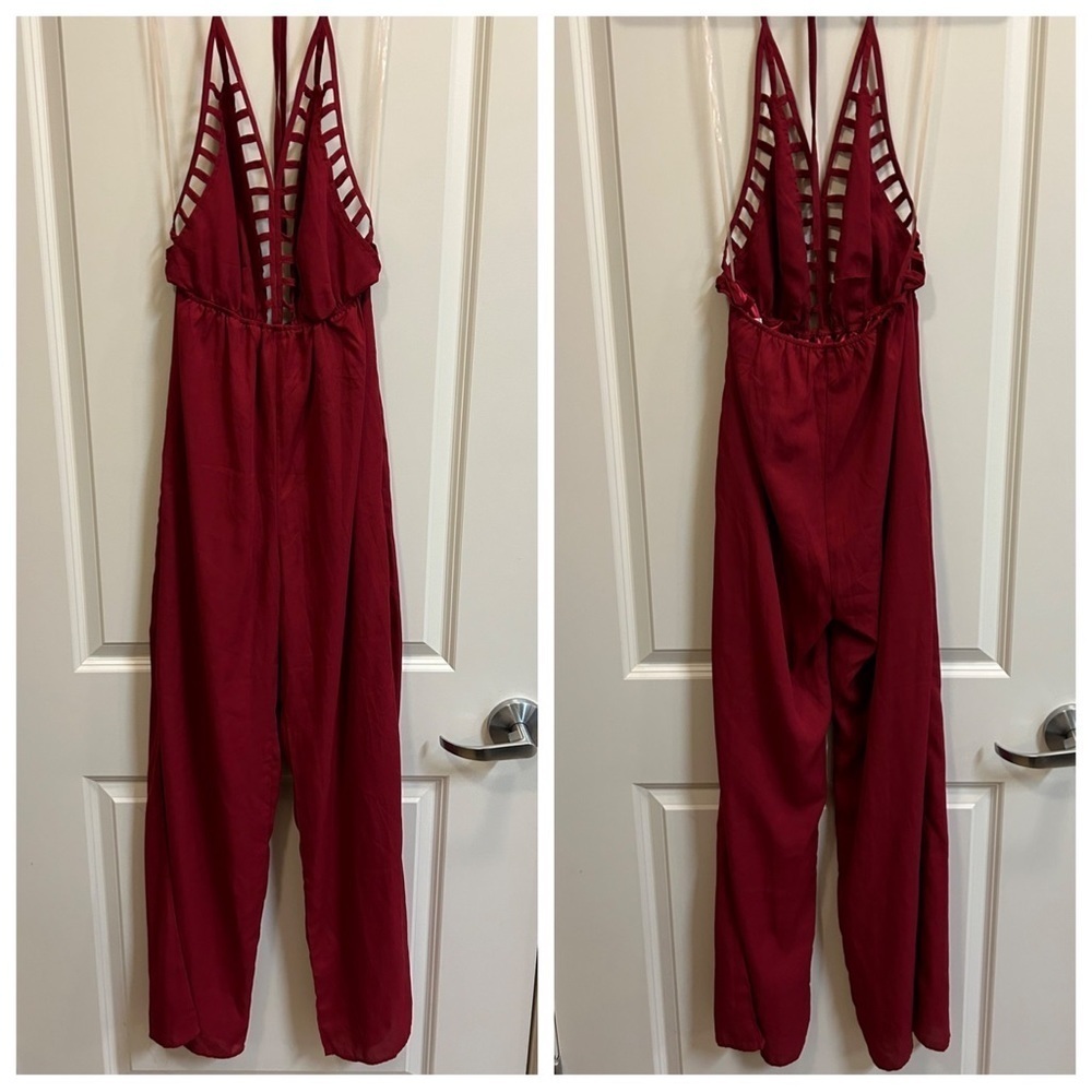 Tobi Dark Red Backless Halter Flowy Jumpsuit with Hidden Pockets - size S